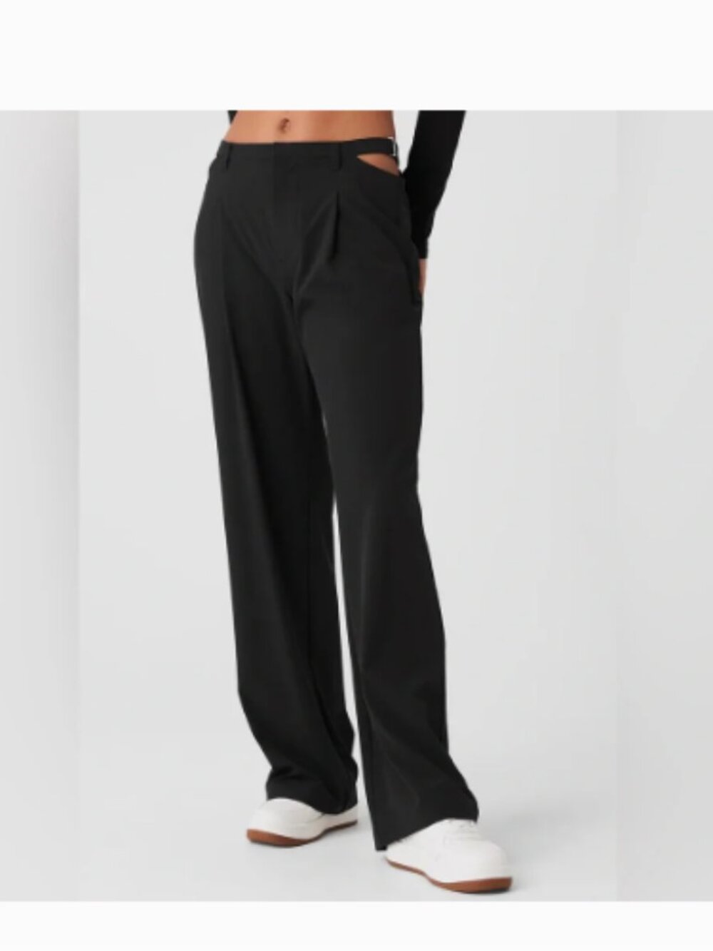 Alo Yoga Mid-Rise Showdown Trouser Wide Leg Pleated Pants Black Sz S - Picture 2 of 8